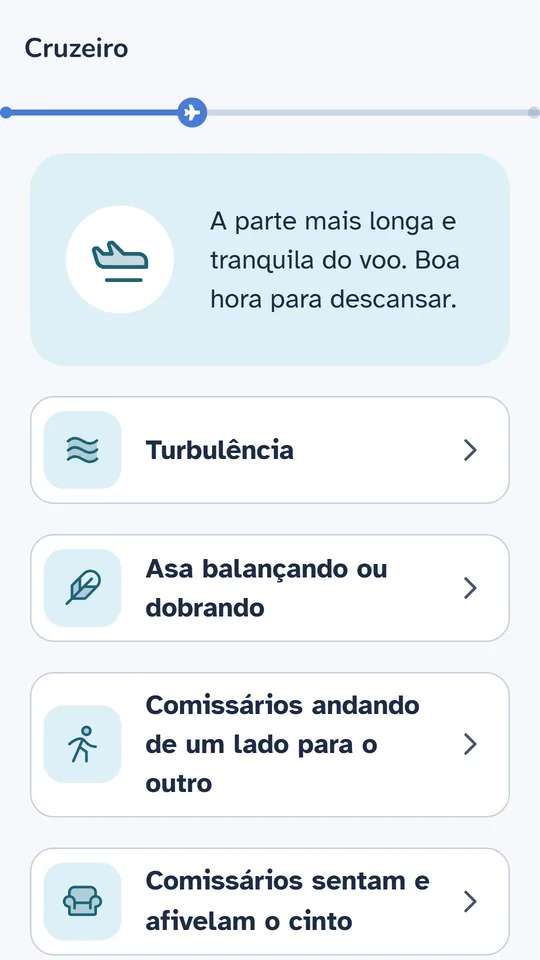 Fase de cruzeiro: a parte mais longa e tranquila do voo. Abaixo, a lista do que se pode sentir, como turbulência e asa balançando.