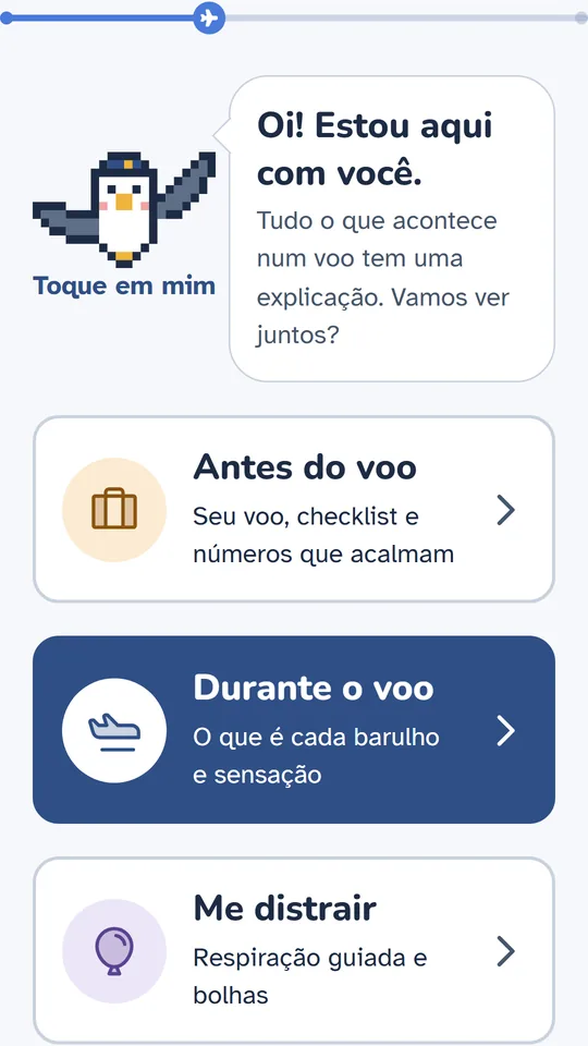 Tela inicial do app, com a Alba dizendo: Oi! Estou aqui com você. Abaixo, os botões Antes do voo, Durante o voo e Me distrair.